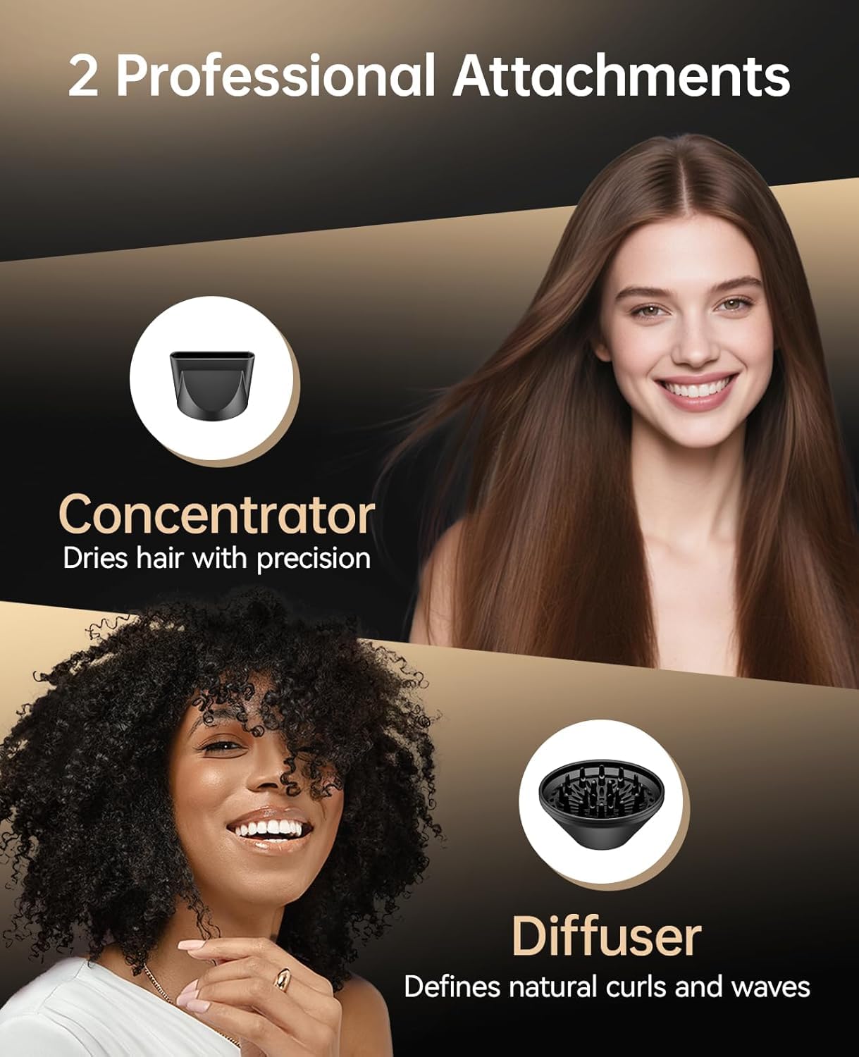 CONFU hair dryer in use on woman delivering quick drying and smooth finish