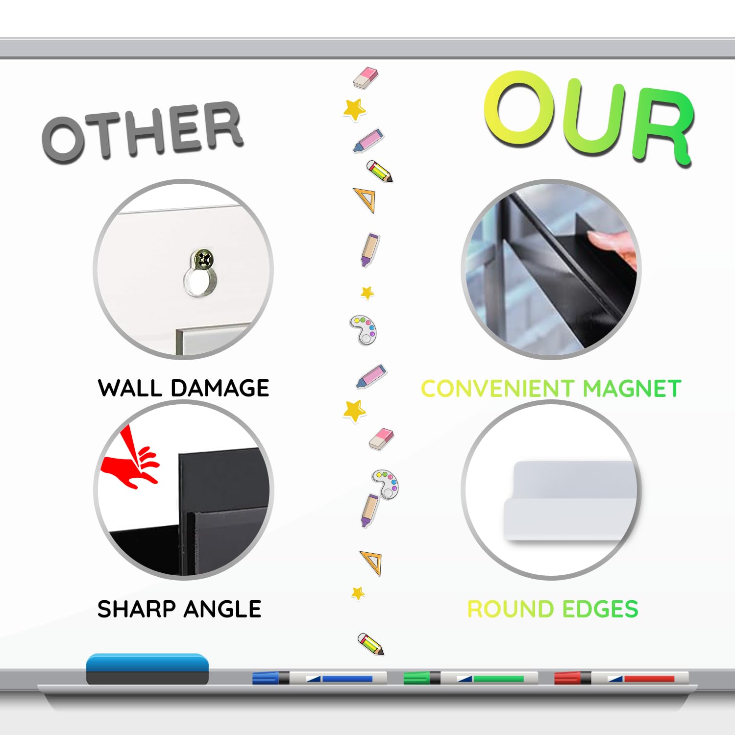 CONIJIWA shelves mounted on classroom whiteboard to organize supplies