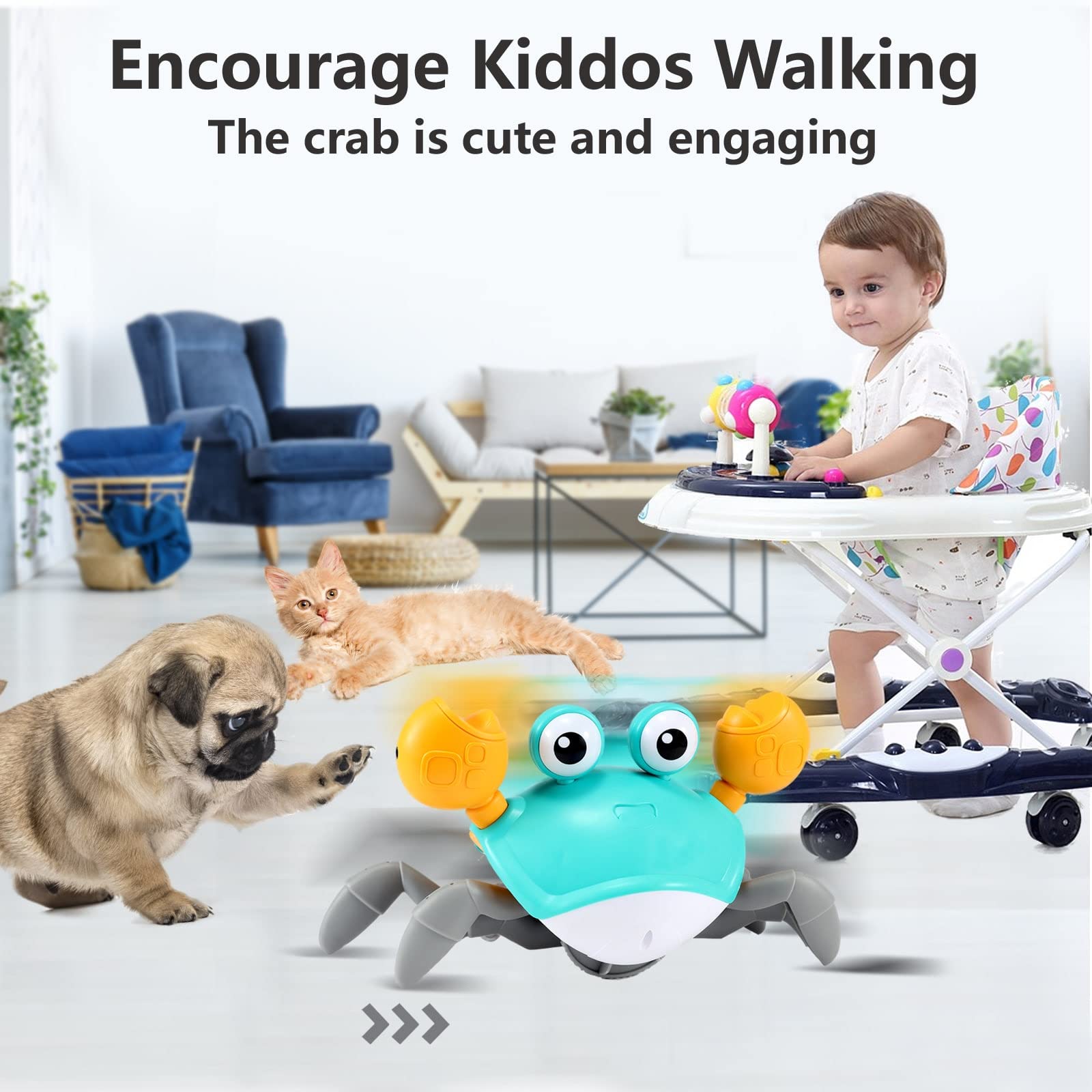 control future crab playing on floor encouraging tummy time and interactive chasing