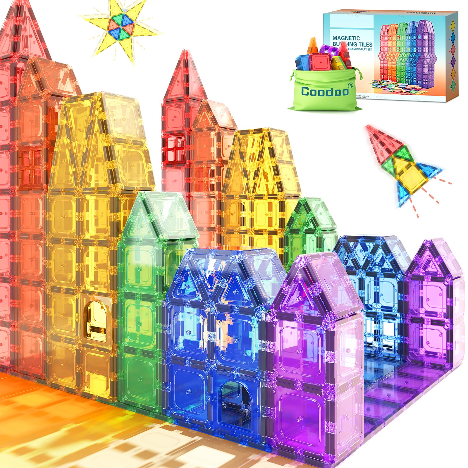 Coodoo front packaging of 40PCS magnetic tiles showing colorful starter set benefit