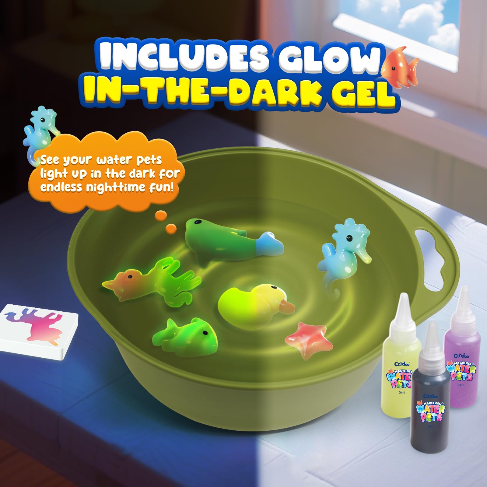 Coodoo glow-in-the-dark gel glowing in bottle for nighttime fun