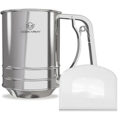 Cook Army sifter front view showing stainless steel finish and compact shape for durability