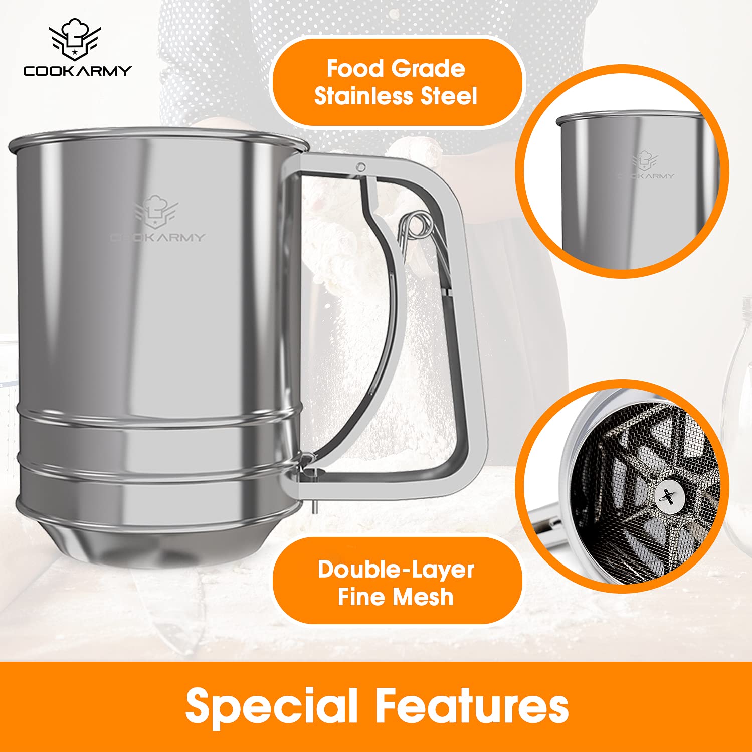 Cook Army sifter on bakery counter with baked goods demonstrating neat powdered sugar finish