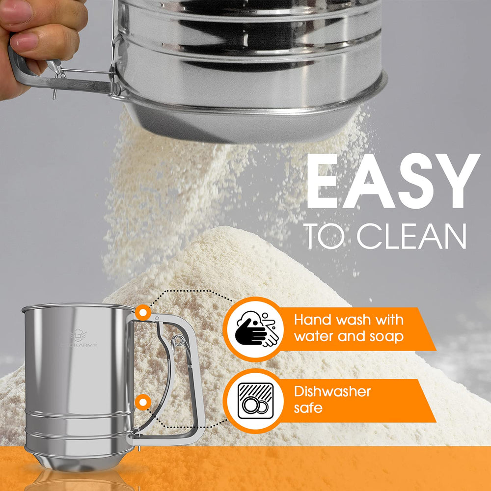 Cook Army sifter next to measuring cup illustrating three-cup capacity and scale