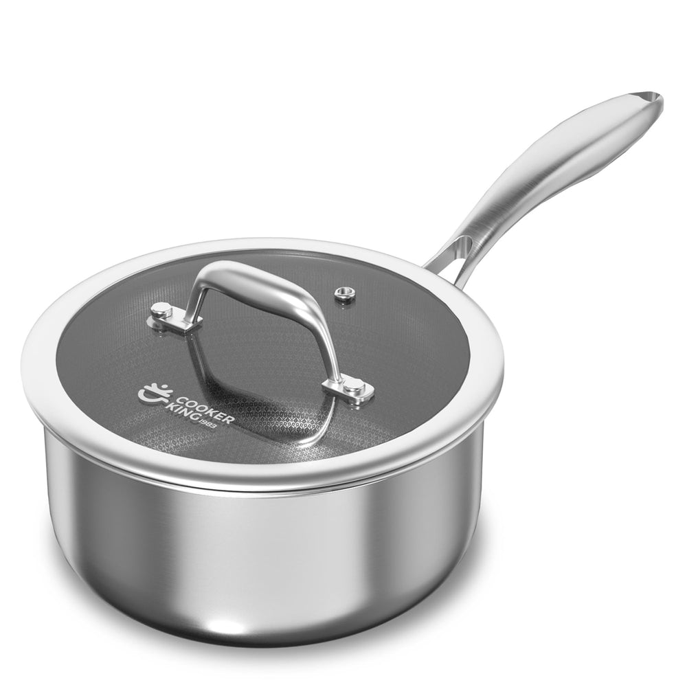 COOKER KING front view of saucepan showing polished exterior and lid, highlights versatile cookware