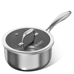 COOKER KING front view of saucepan showing compact profile and lid, convenient storage benefit