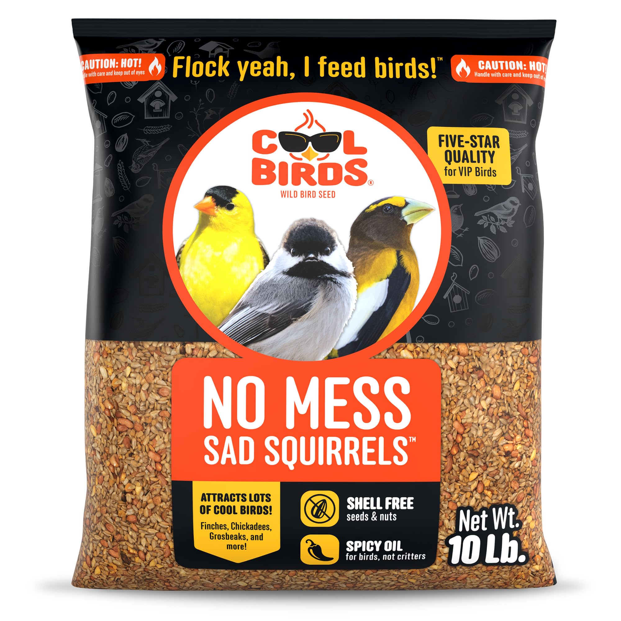 COOL BIRDS front packaging showing 10 lb spicy no mess blend and benefits