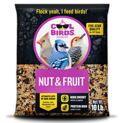 COOL BIRDS front packaging showing 10 lb gourmet seed blend benefits
