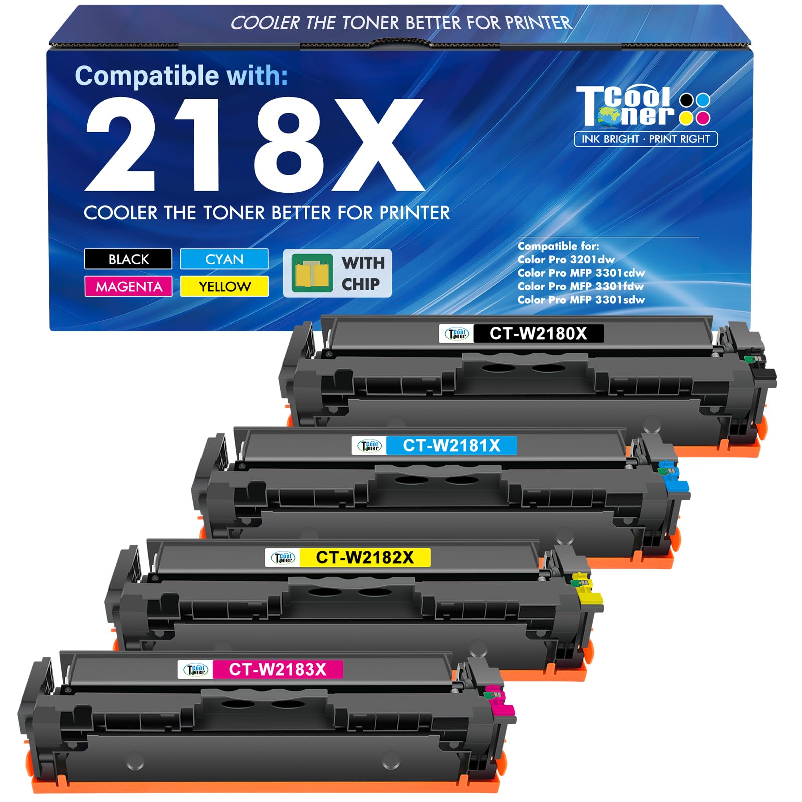 Cool Toner 218X front packaging showing four cartridges and benefits