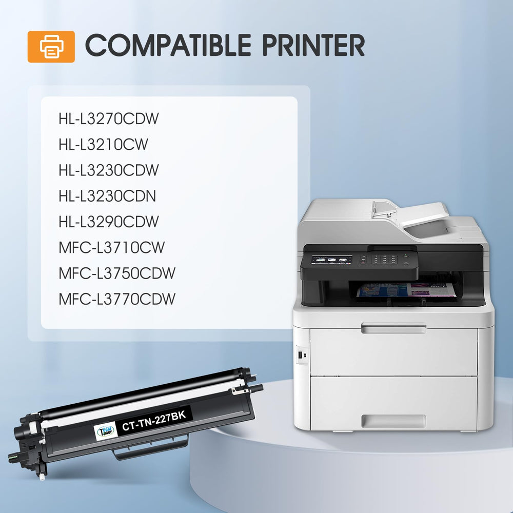 Cool Toner TN227BK close-up of black cartridge delivering crisp text benefit