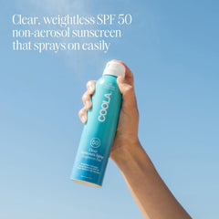 COOLA spray action mist demonstrating fast, even coverage benefit