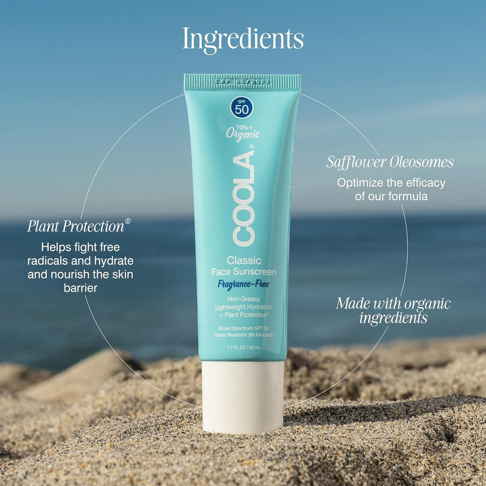 COOLA 1.5 oz tube next to credit card illustrating travel-friendly compact size