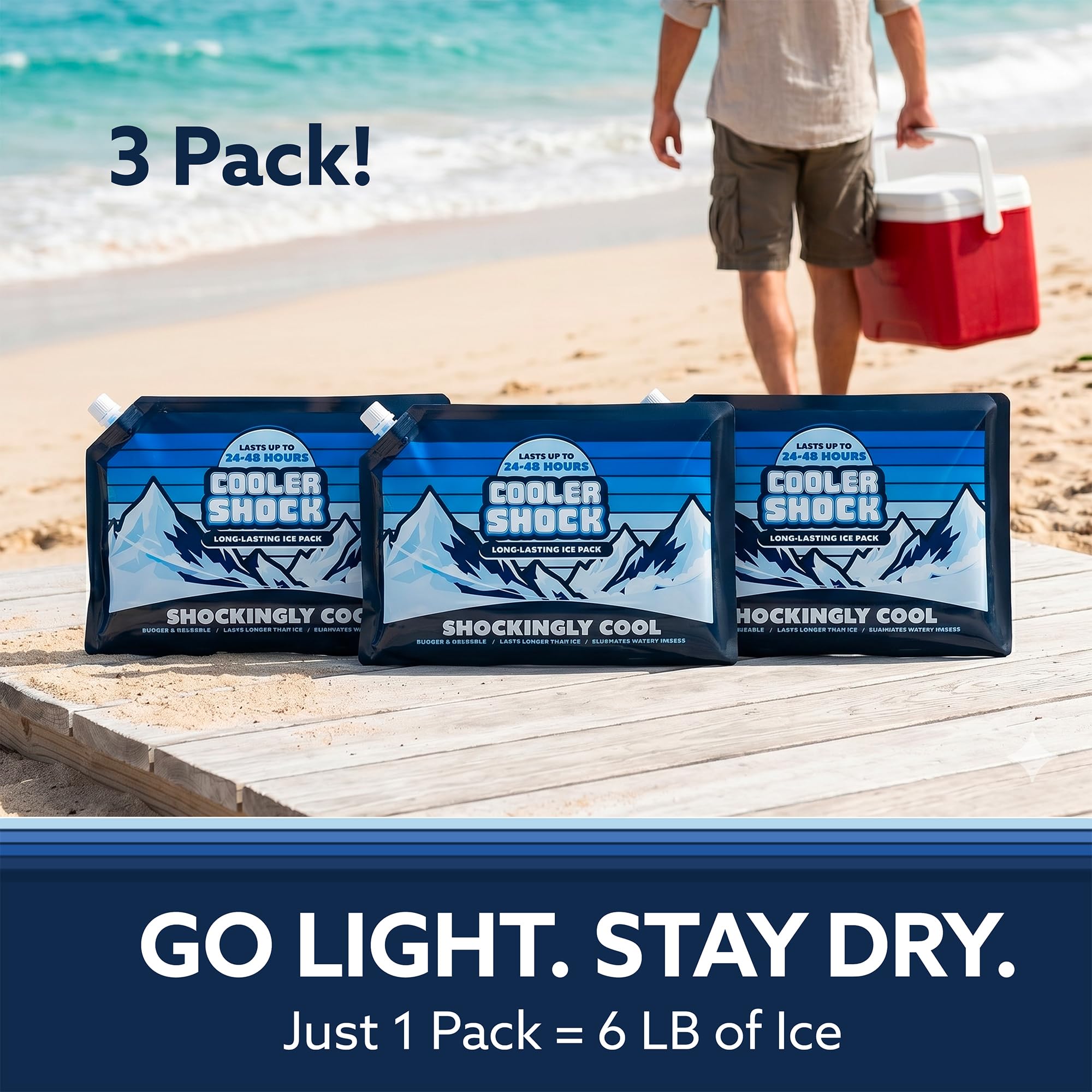 Three Cooler Shock packs layered inside cooler, spreads consistent cold