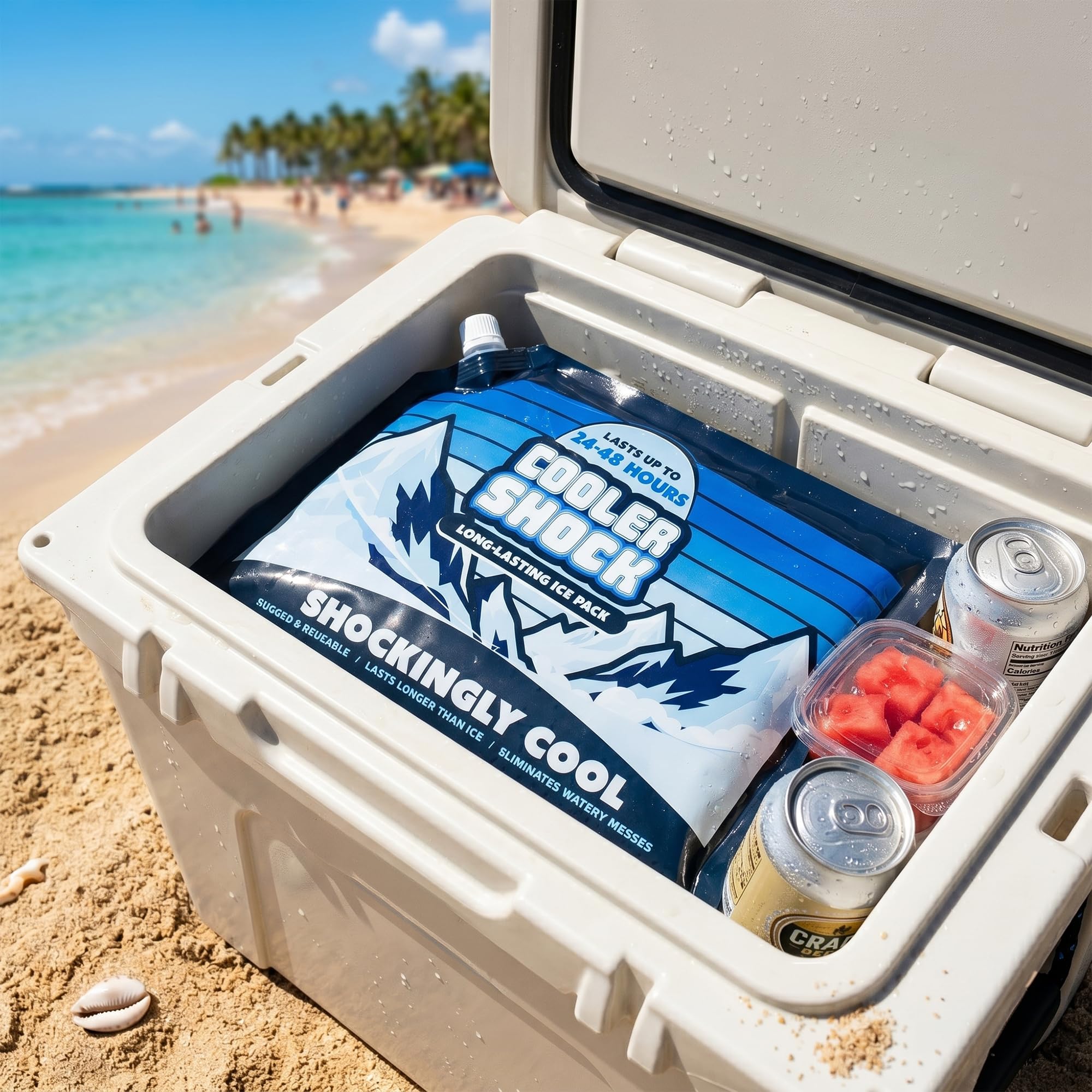 Cooler Shock in beach tote with drinks, keeps refreshments chilled longer