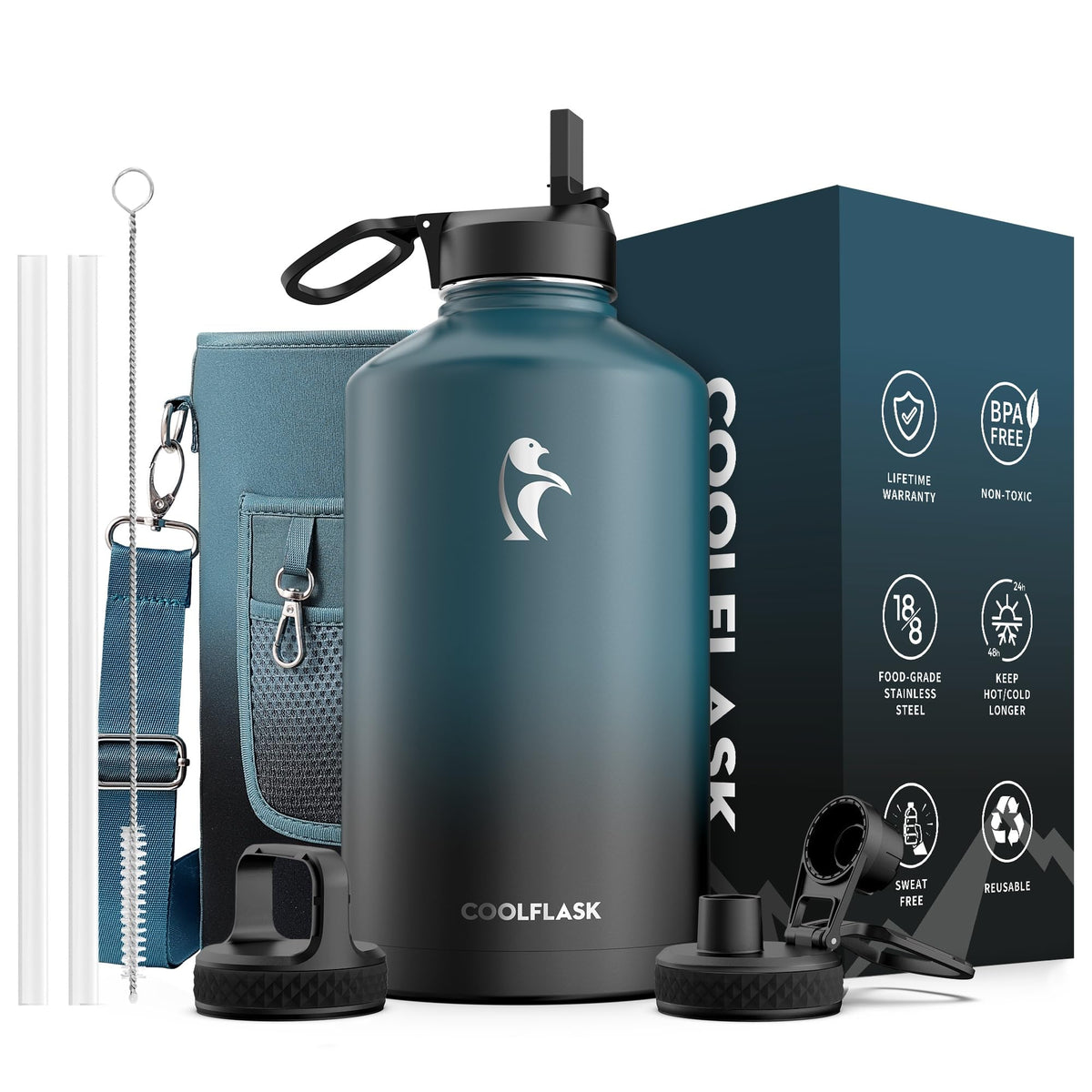 Coolflask 128 oz front view showing durable insulated body and branding for reliable hydration