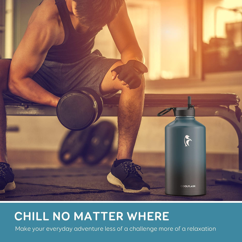 Coolflask beside a backpack to show one-gallon size and long-lasting temperature retention