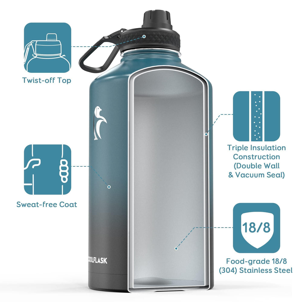 Coolflask three lids laid out to show screw, spout, and straw lids for versatile drinking options