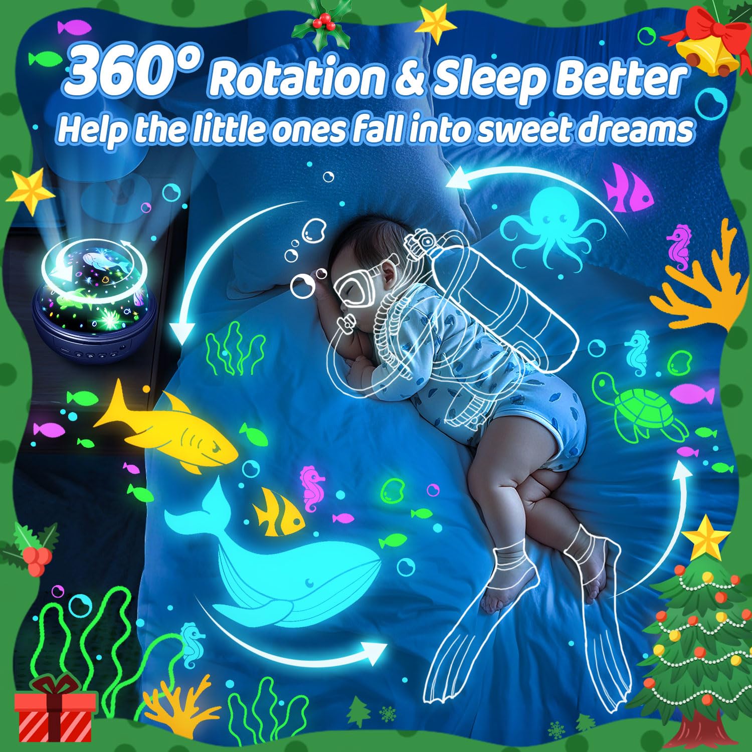 COOLNIGHT projection of ocean animals across ceiling, playful bedtime scenes