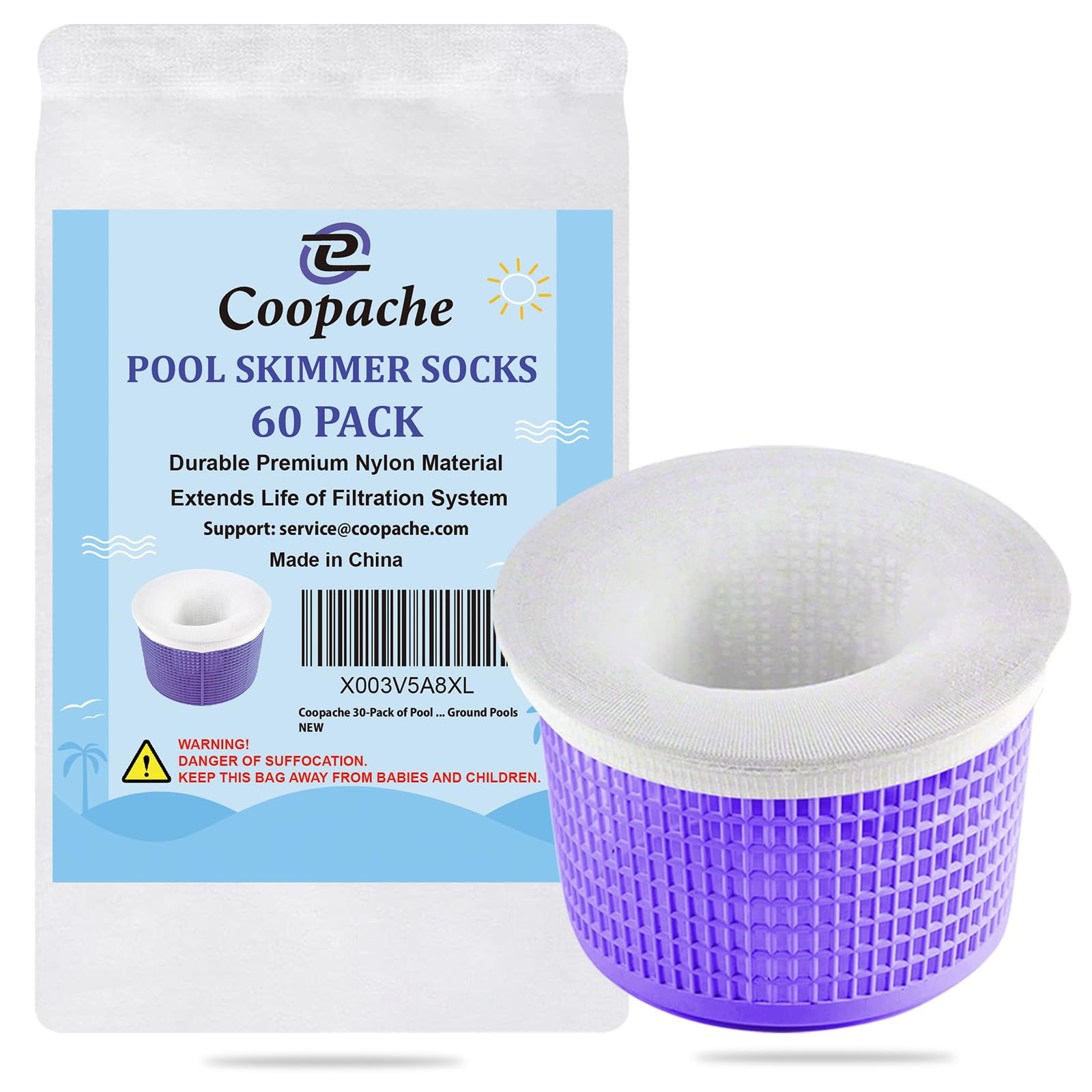 Coopache front packaging showing 60 skimmer socks and bulk value for quick replacement