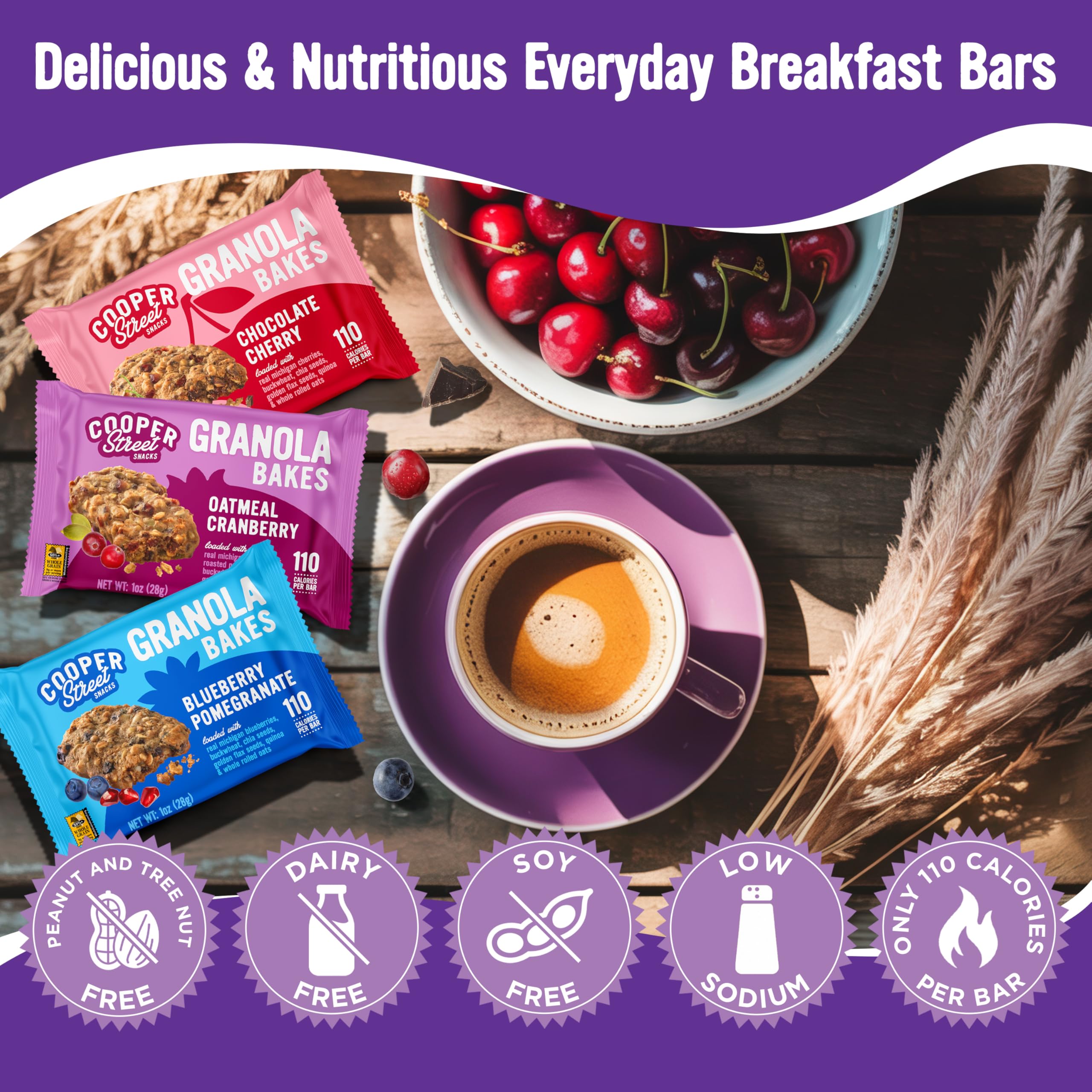 Cooper Street variety layout with blueberry pomegranate cranberry bars for choices