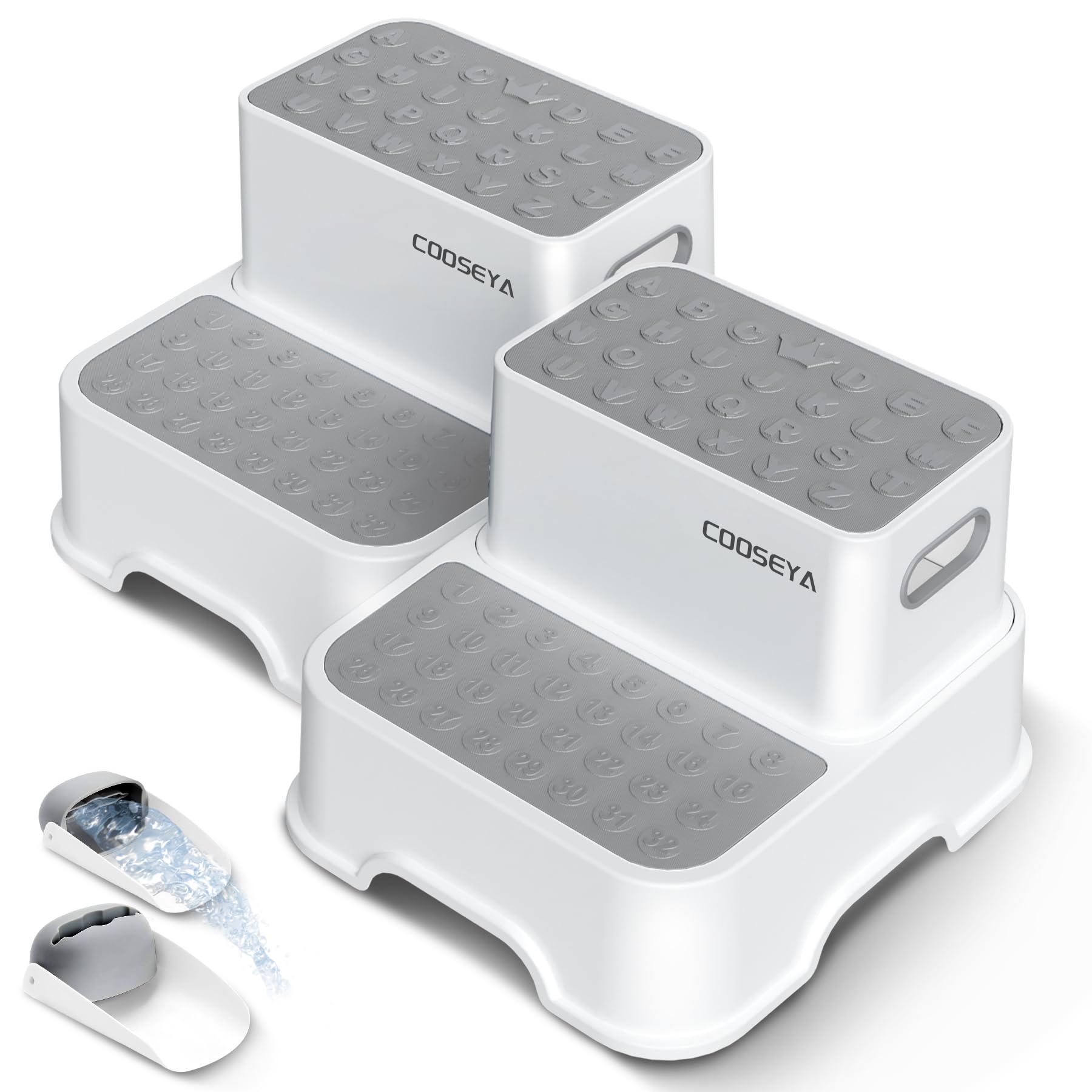 COOSEYA front view of 2-step stool pack showing compact design and learning graphics benefit