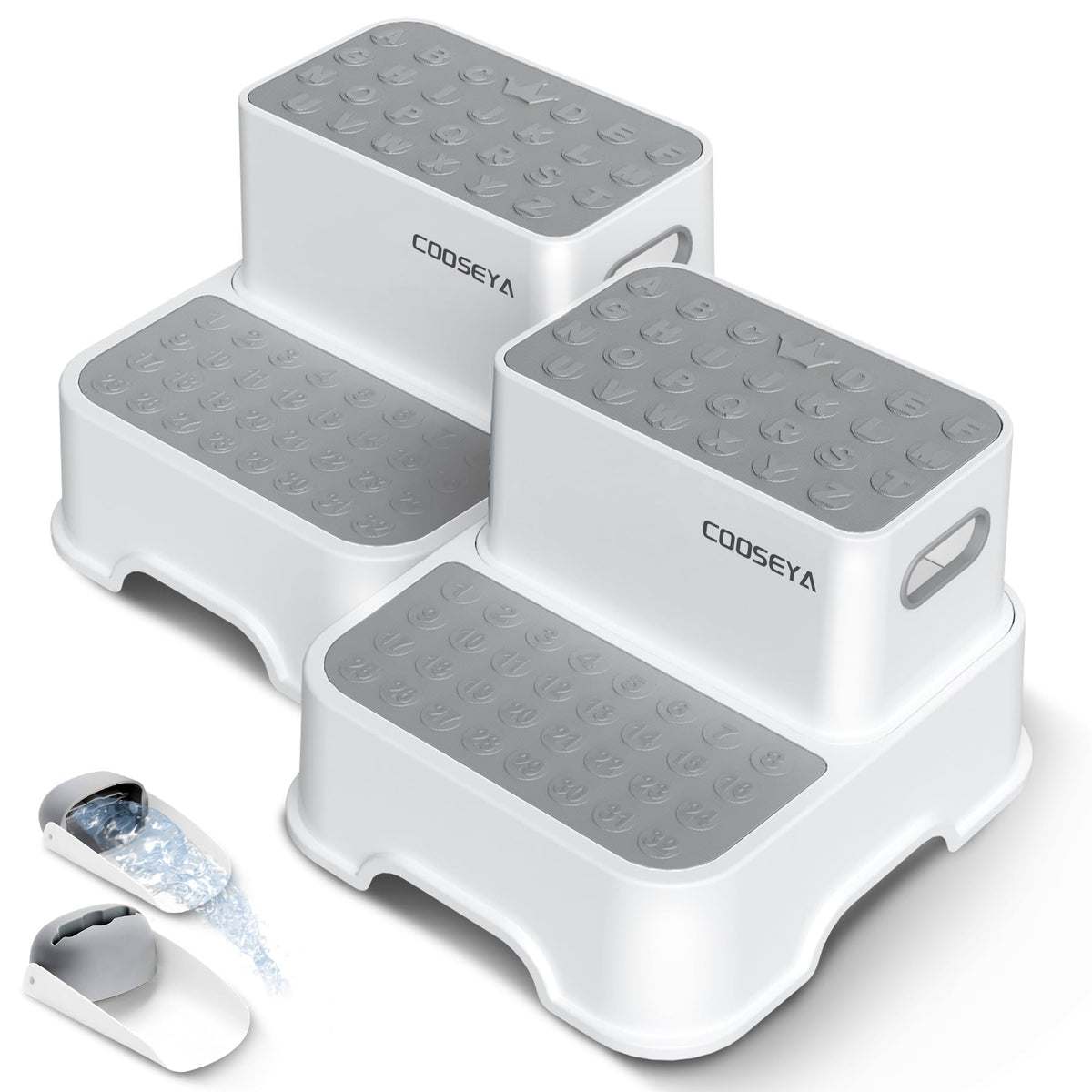 COOSEYA front view of 2-step stool pack showing compact design and learning graphics benefit