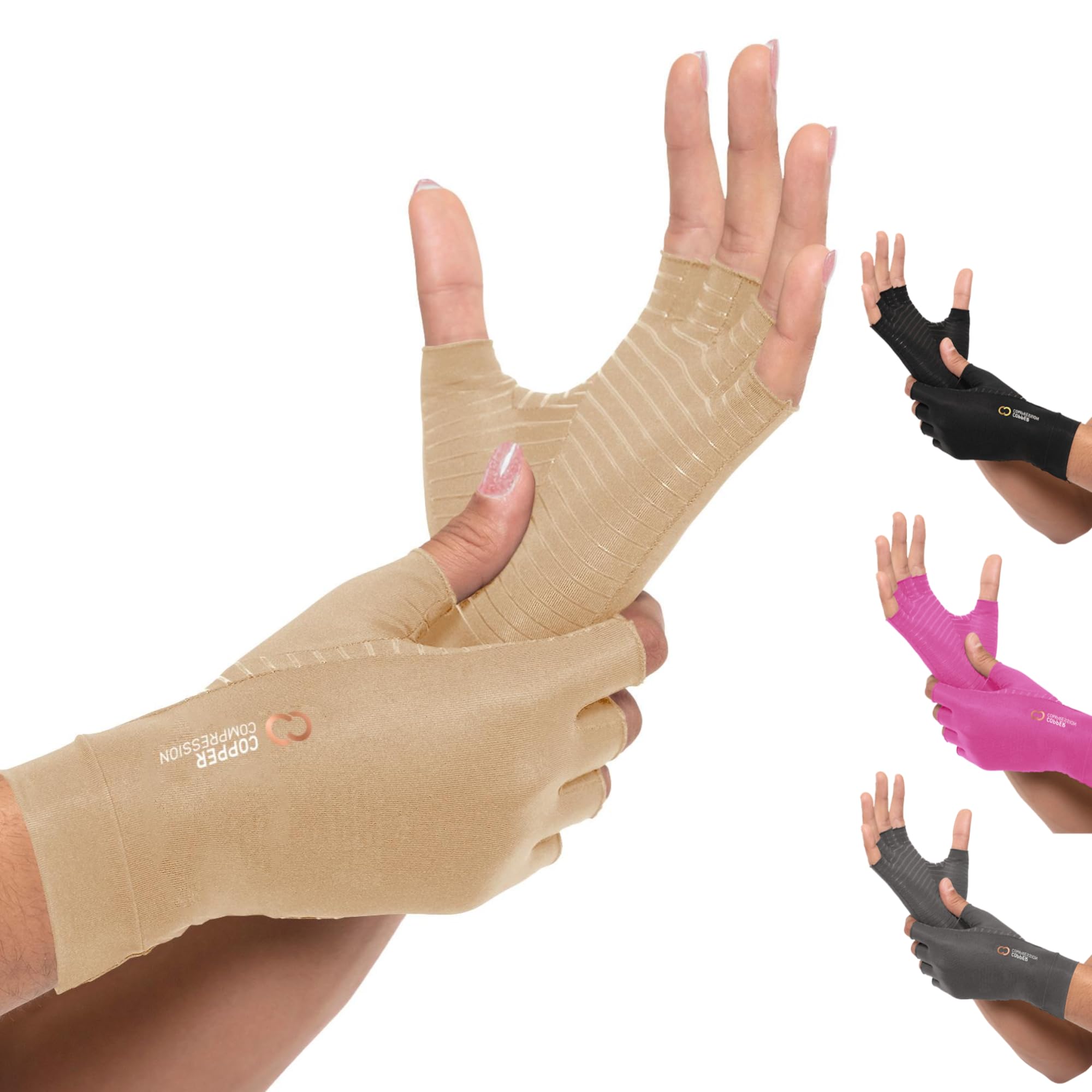Copper Compression front view of gloves showing snug fit and support
