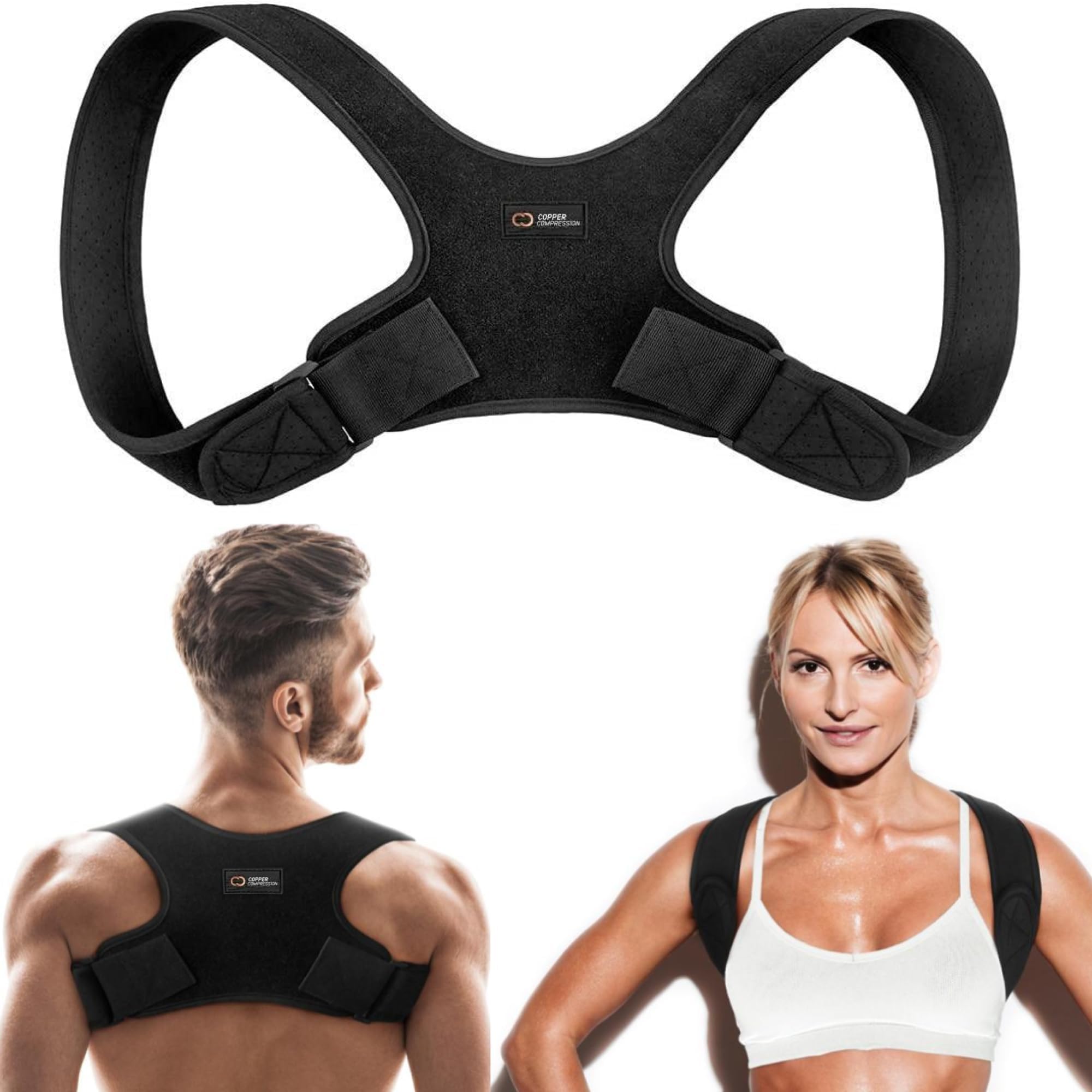 Copper Compression front view showing brace fit and improved posture benefit