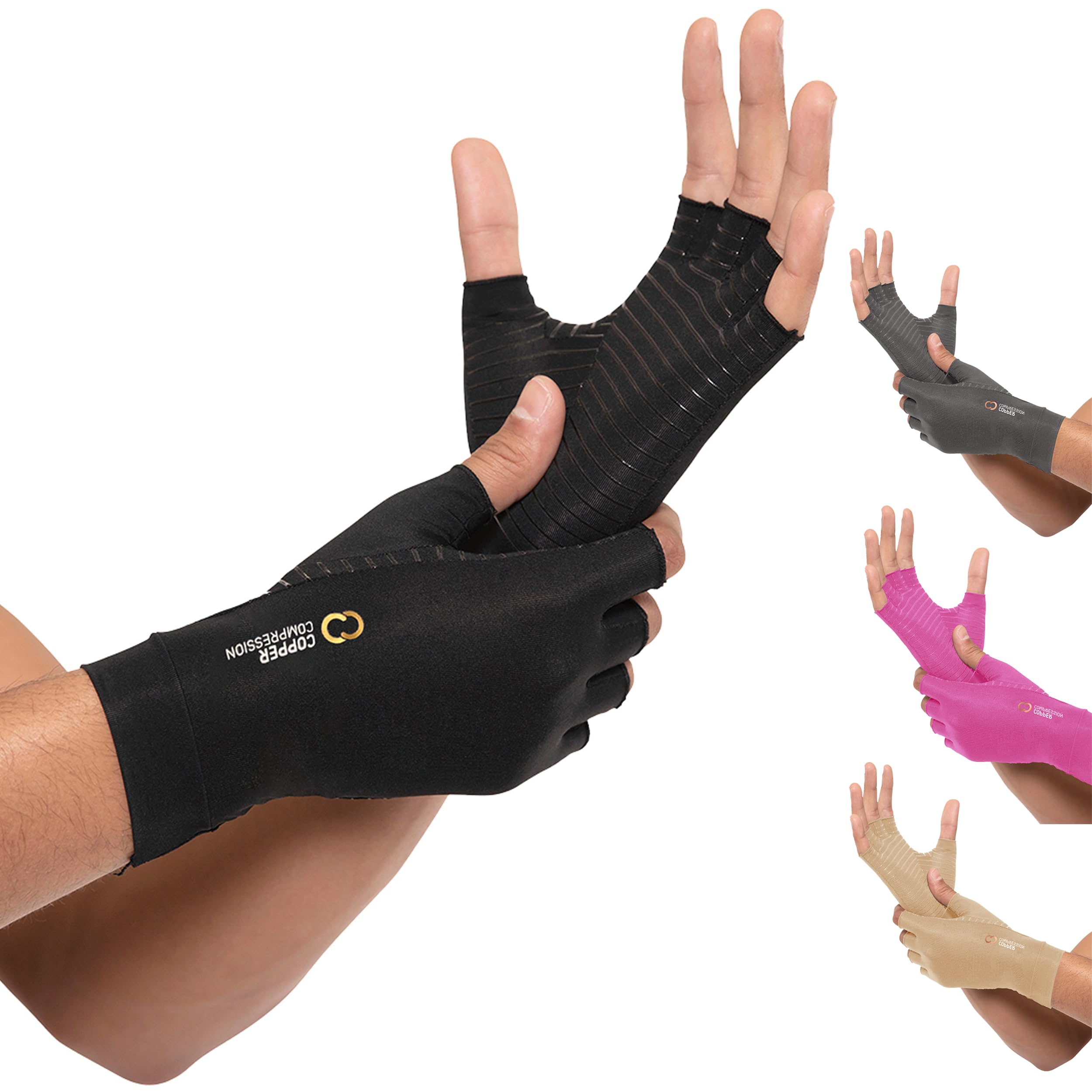 Copper Compression gloves front view showing snug fit and fingerless design benefit dexterity