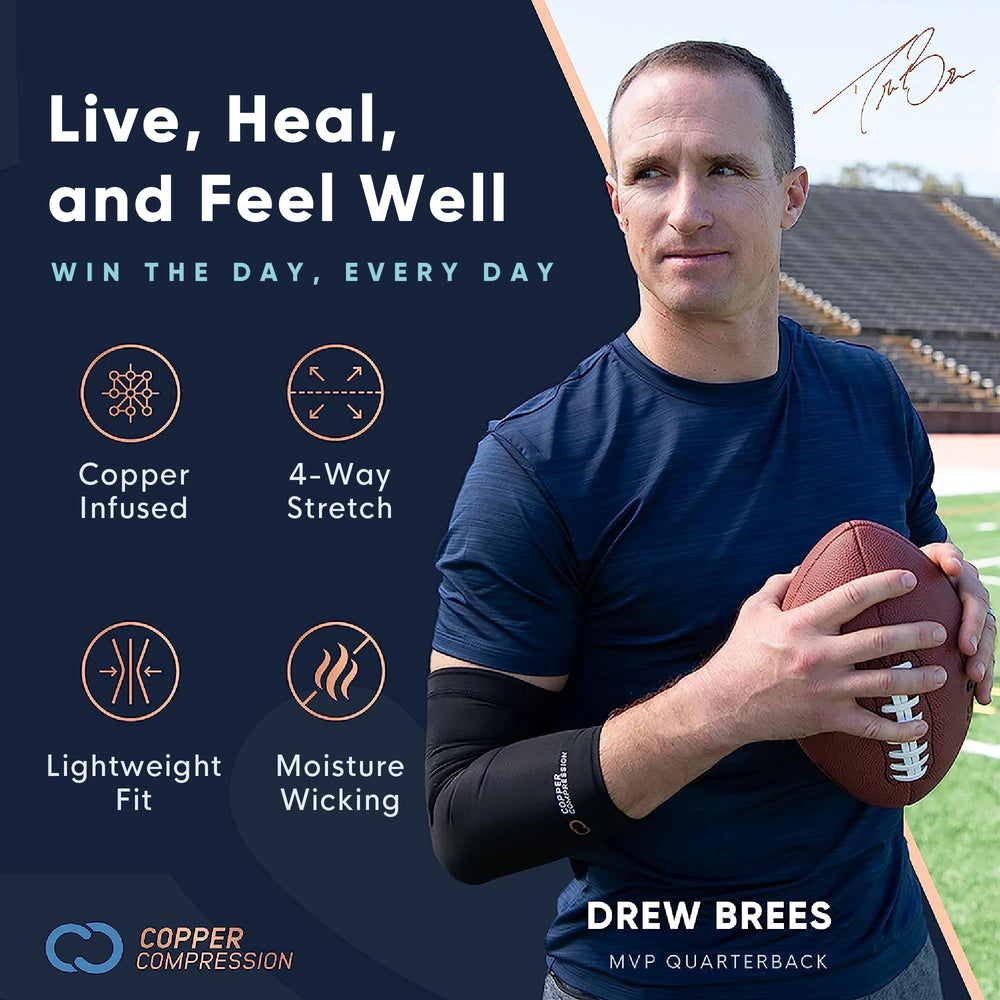 Copper Compression sizing chart and hand next to gloves to help choose correct fit