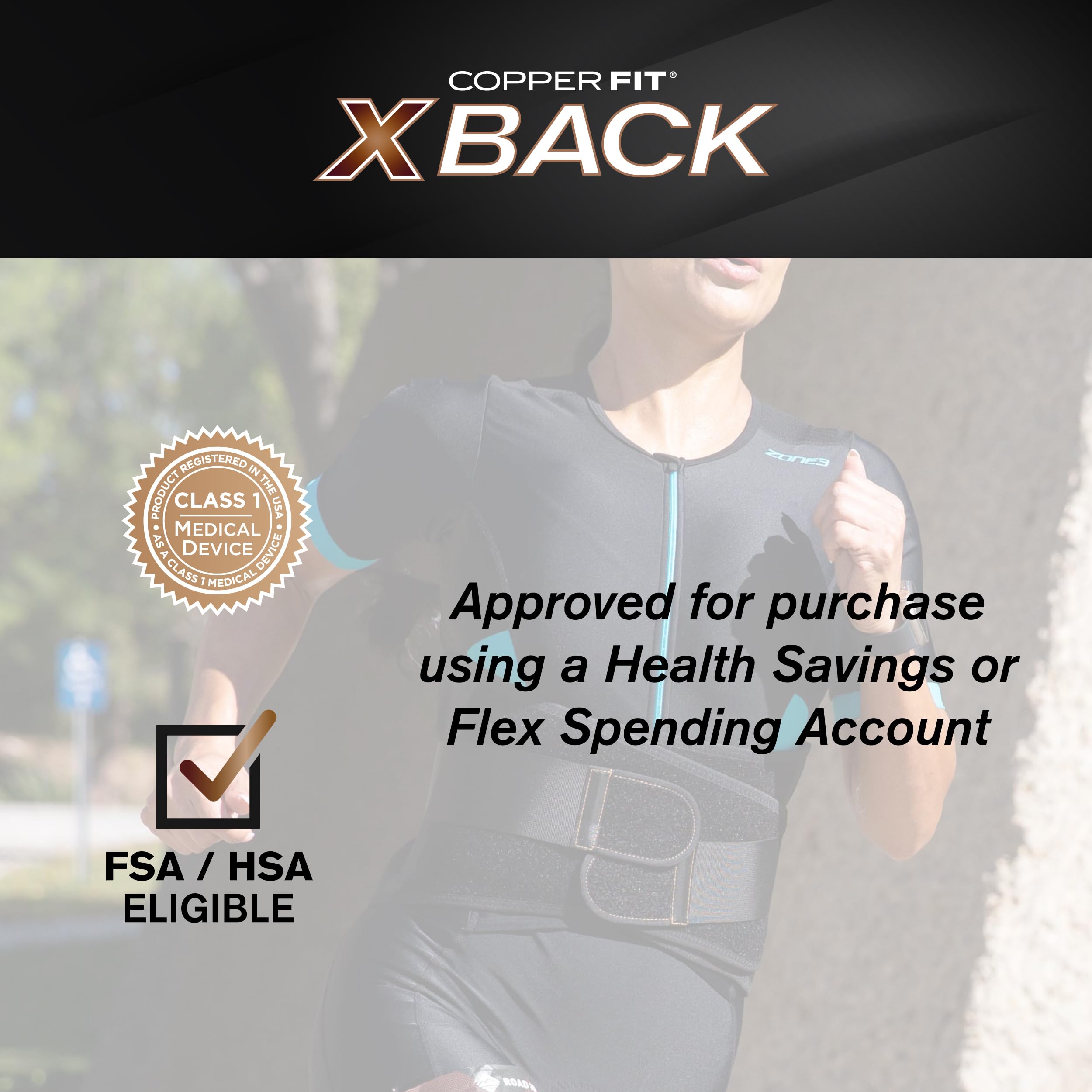Copper Fit displayed with tape measure illustrating Large/XL waist fit range