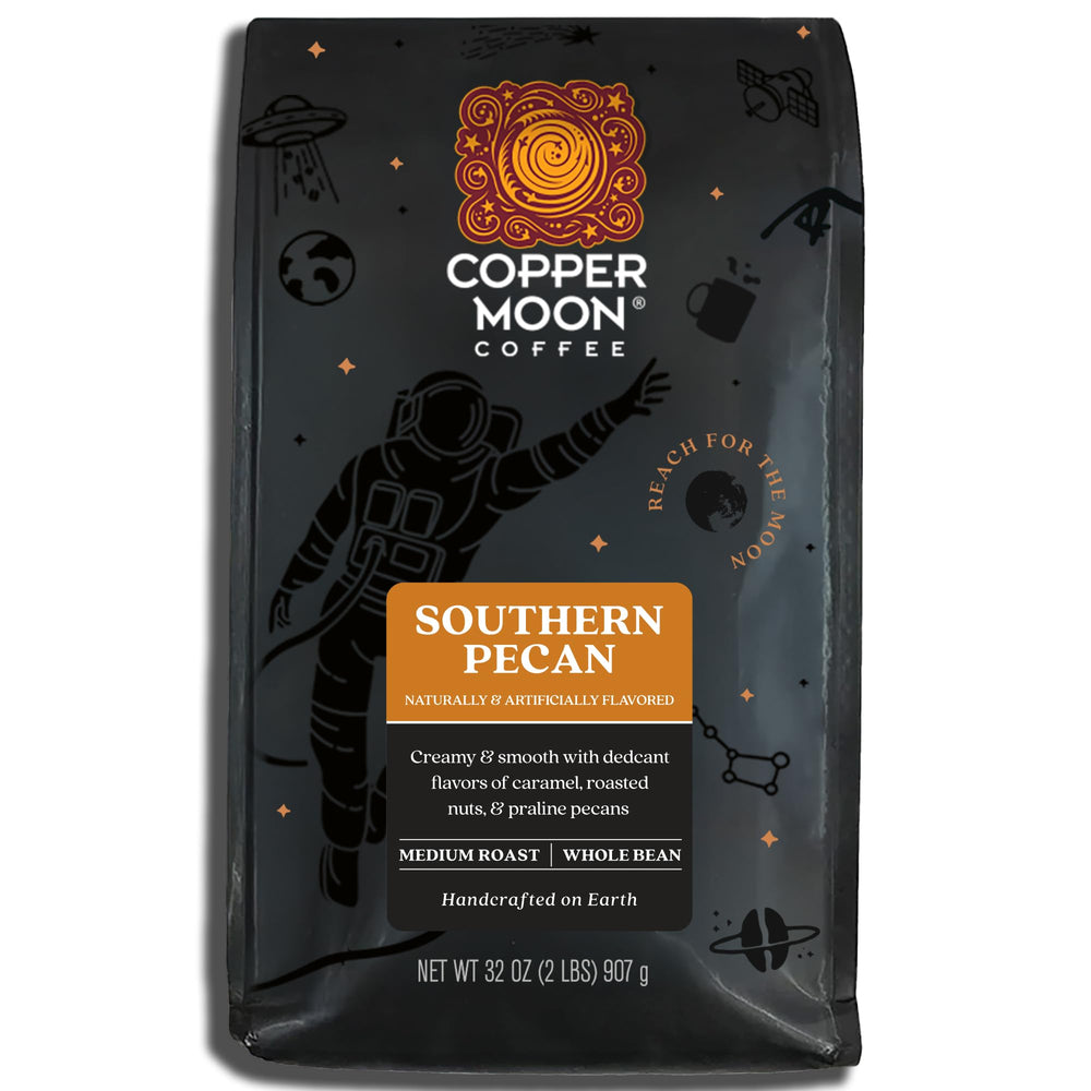 Copper Moon front package showing 2 lb bag and Southern Pecan branding benefits freshness