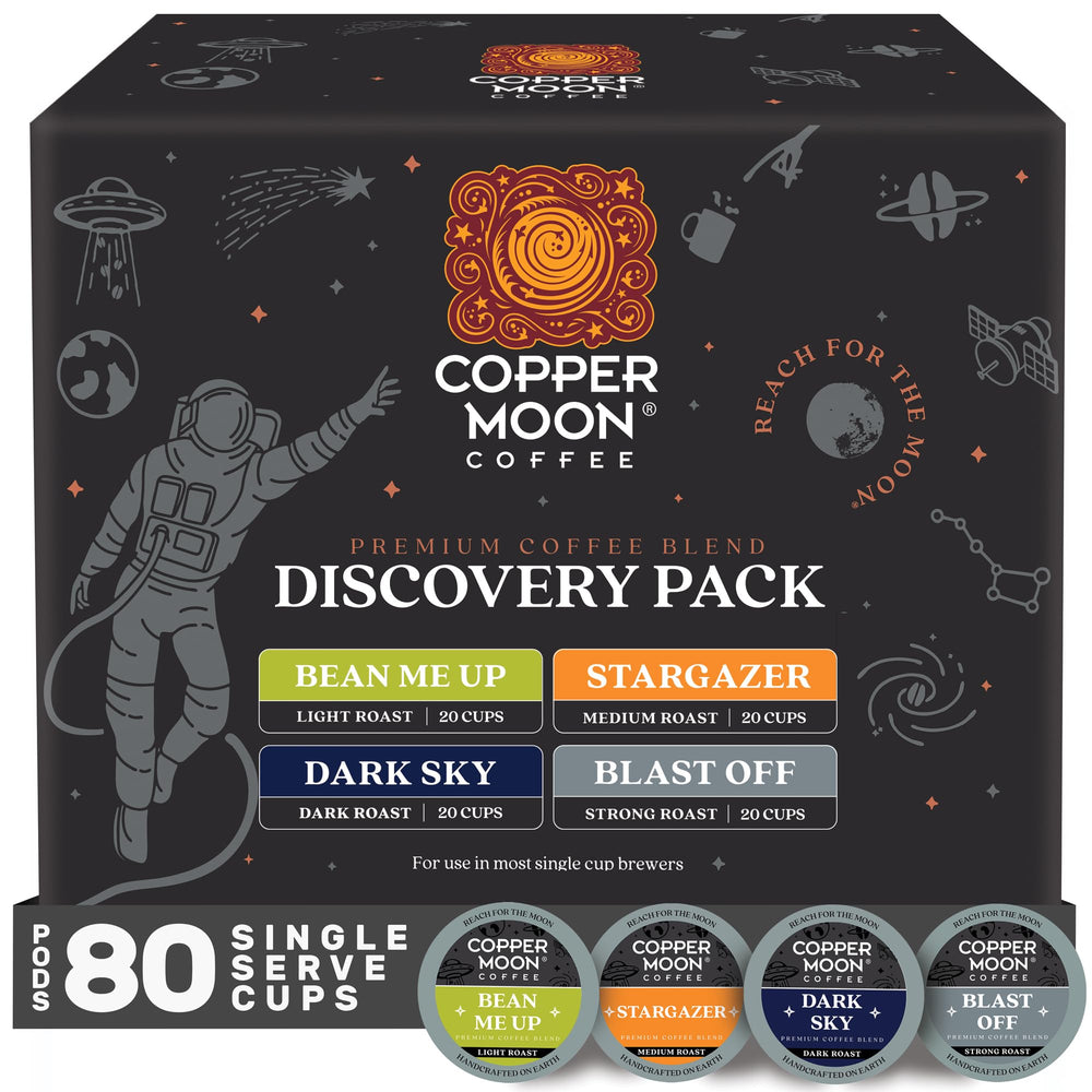 Copper Moon front packaging showing 80-count discovery variety, highlights convenience