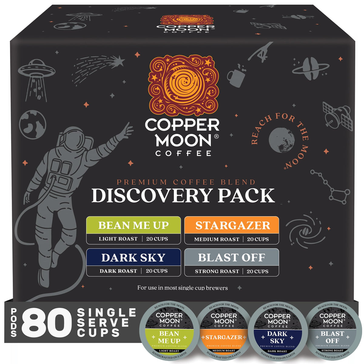 Copper Moon front packaging showing 80-count discovery variety, highlights convenience