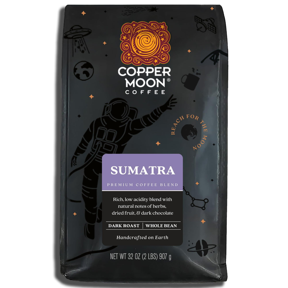 Copper Moon front packaging showing 2 lb bag and bold Sumatra branding benefits freshness
