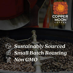 Copper Moon brewed cup pouring to show dark, full-bodied coffee and robust flavor benefit