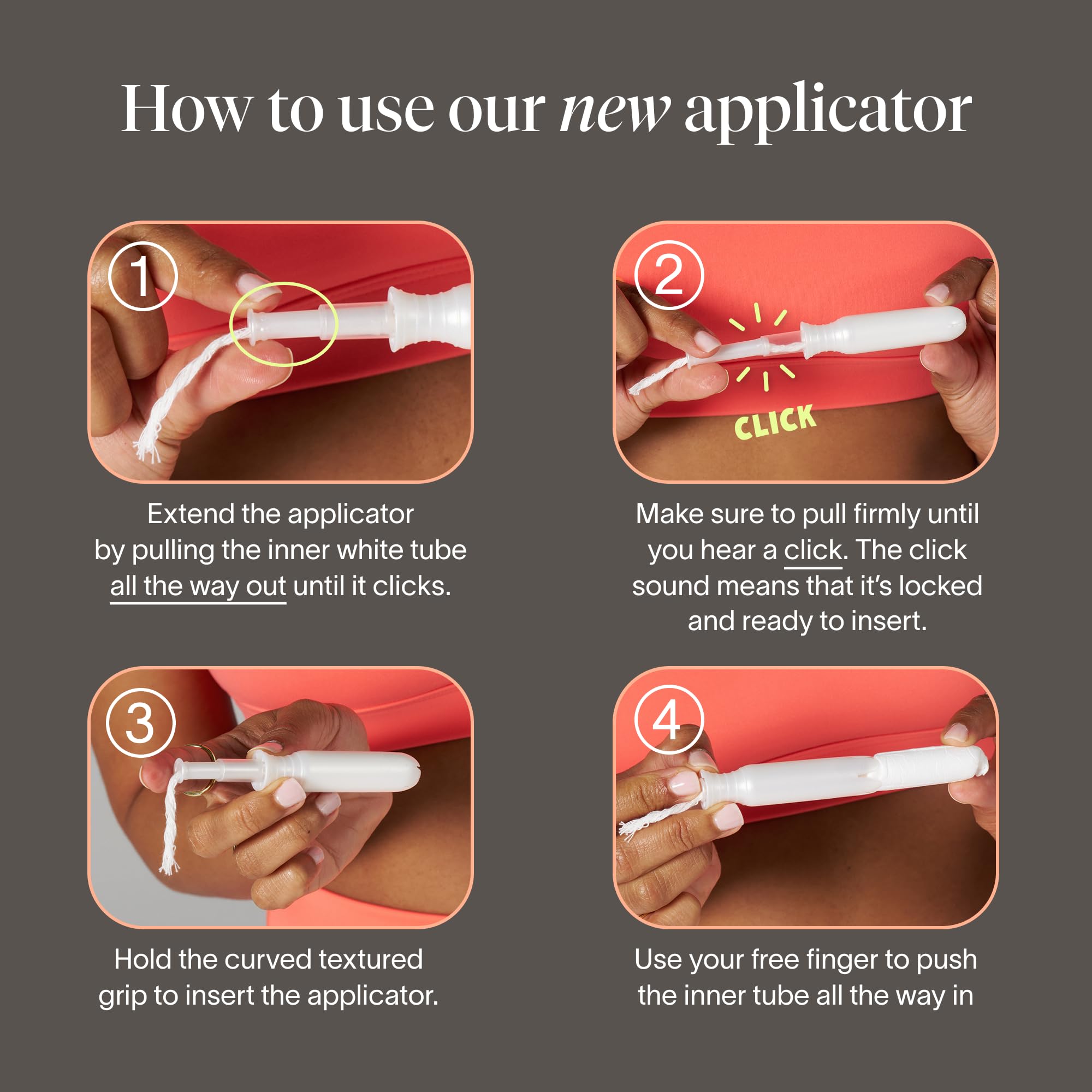 Cora applicator close-up highlighting textured grip for easier insertion