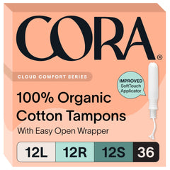 Cora multipack front view showing three absorbencies and compact benefits