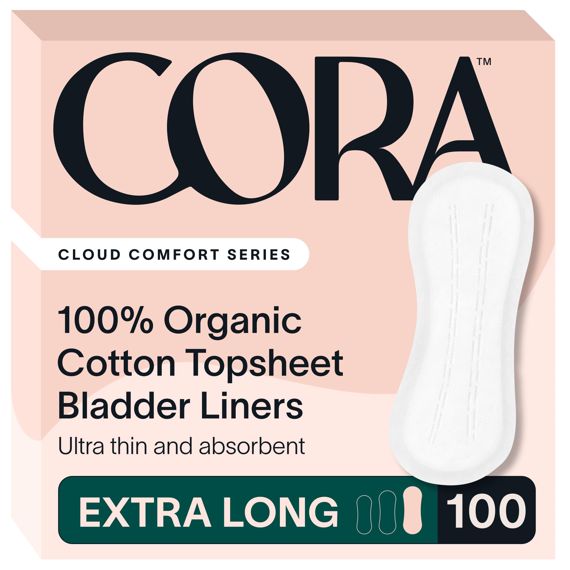 Cora front packaging showing extra long liners and count for clear identification and convenience