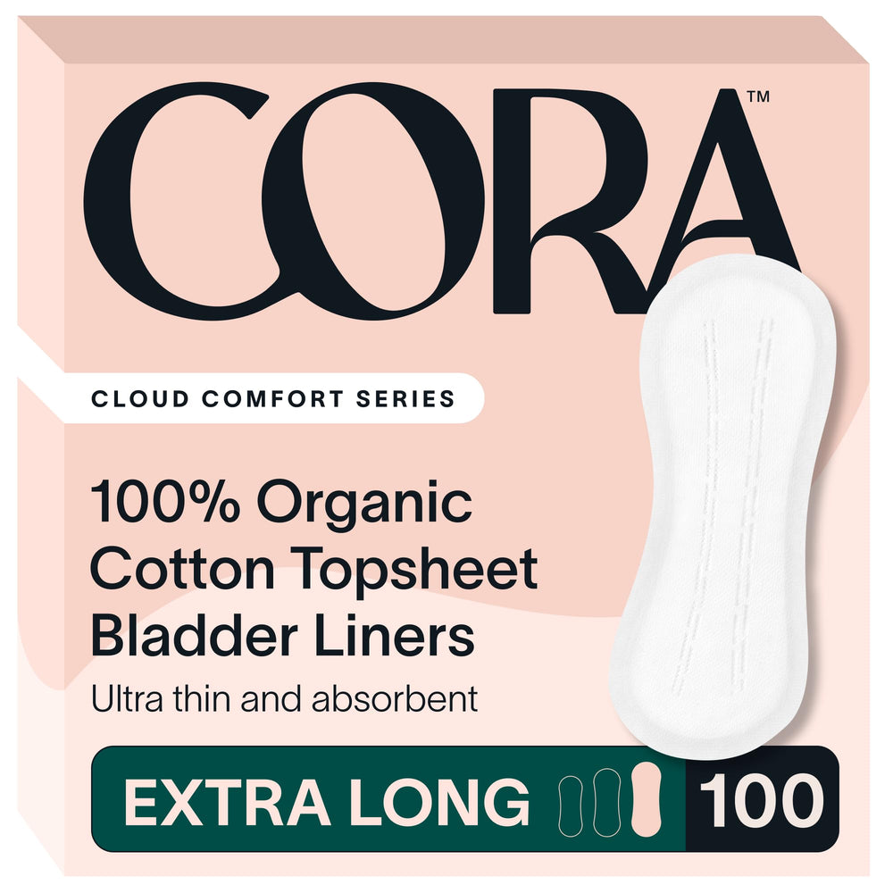 Cora front packaging showing extra long liners and count for clear identification and convenience