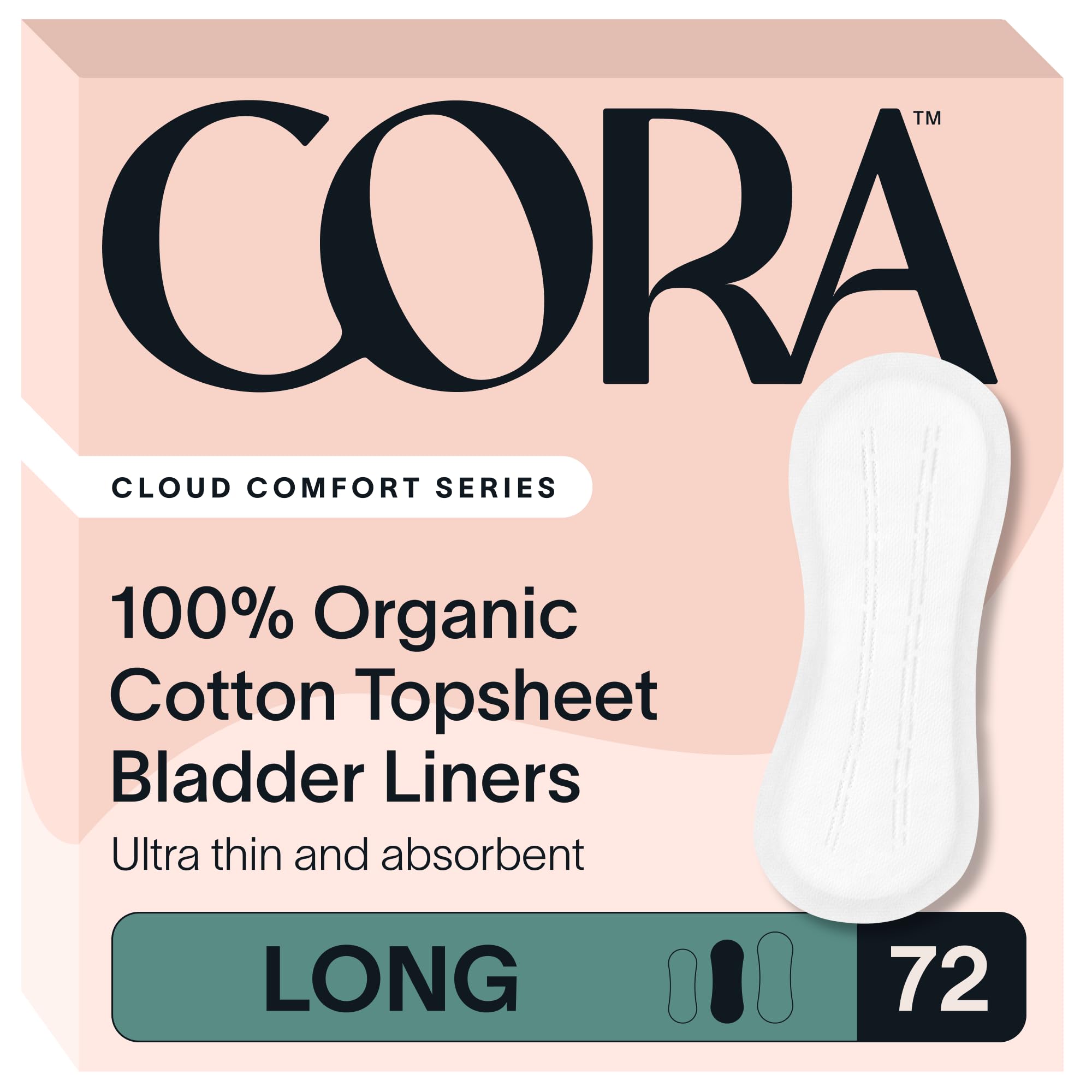 Cora front packaging showing 72 long bladder liners and benefits