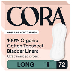 Cora front packaging showing 72 long bladder liners and benefits