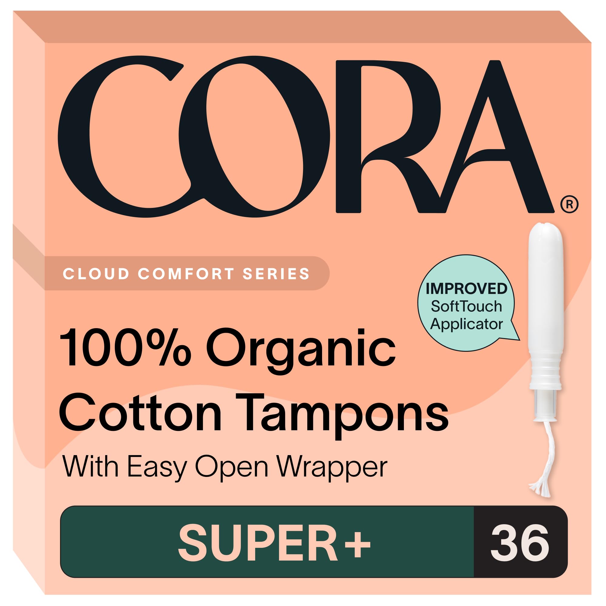 Cora front packaging showing 36 Super Plus tampons and high-absorbency benefits
