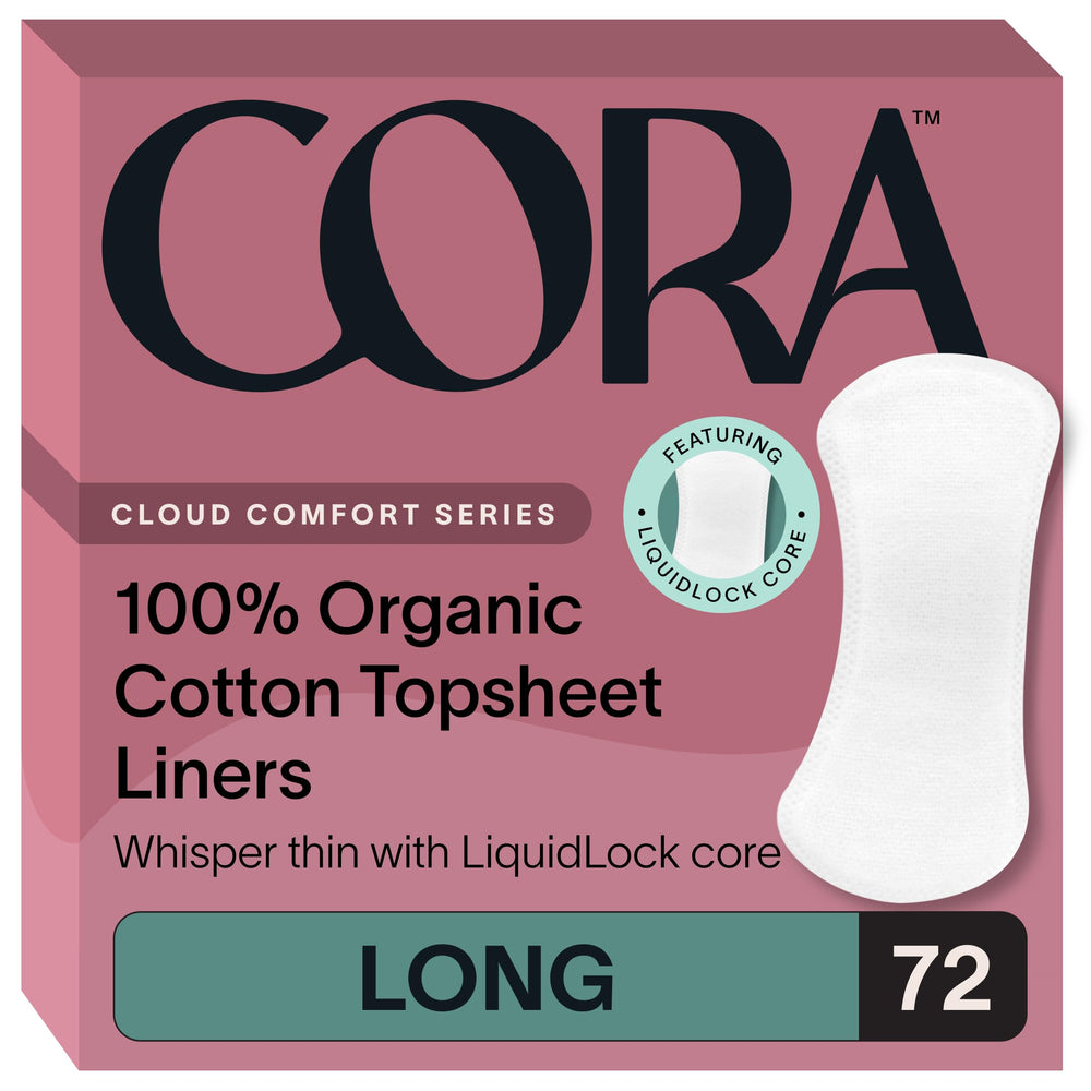 Cora front pack display showing 72 long liners and brand clarity for easy selection