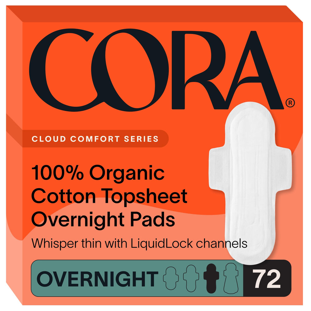Cora front packaging showing 72 overnight pads and product benefits