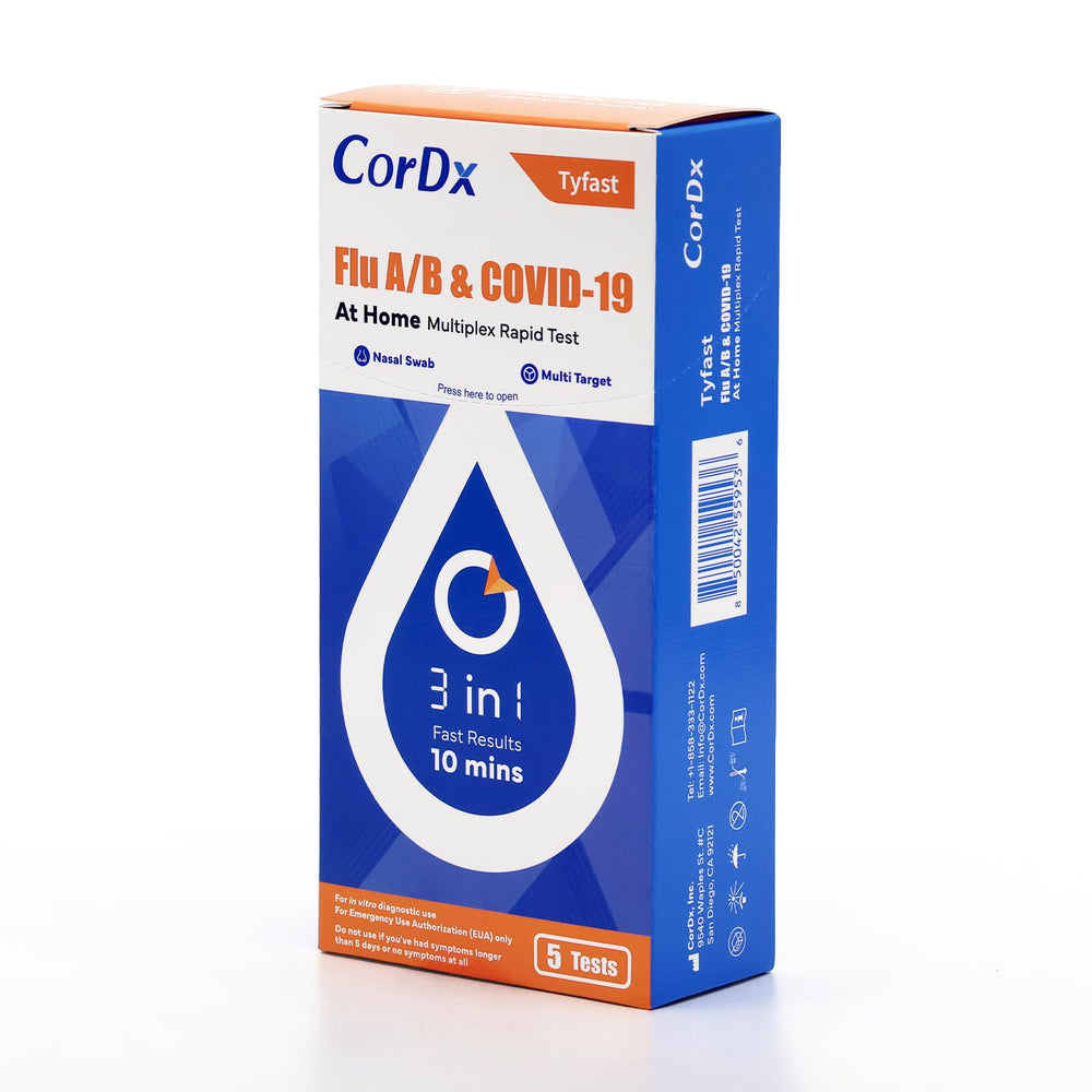 CorDx front packaging showing five 3-in-1 rapid test boxes and benefits