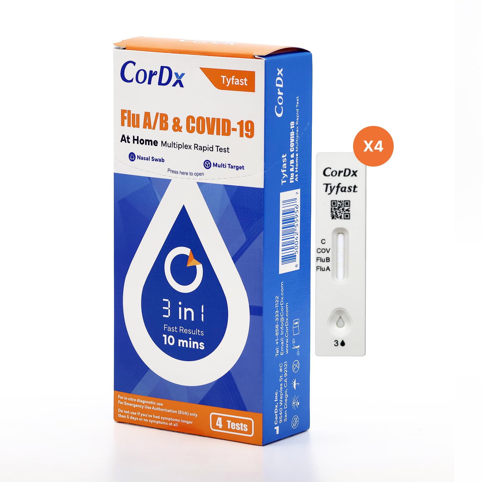 CorDx test cassette close-up displaying clear Flu and COVID lines for quick reading