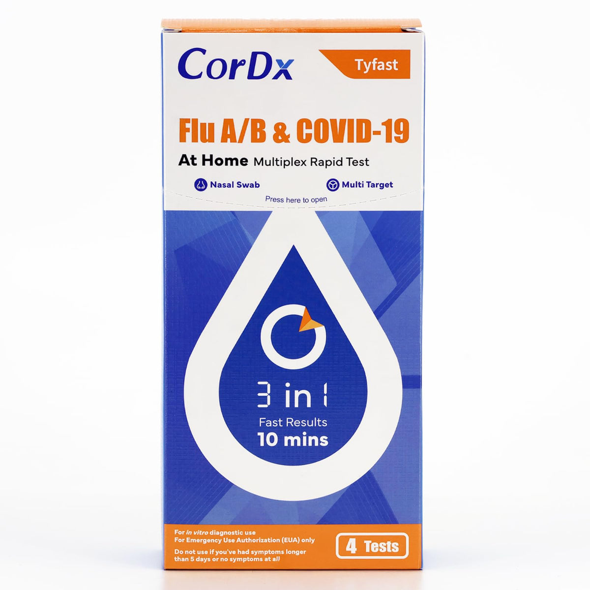 CorDx TyFast front packaging showing kit contents and 3-in-1 benefit