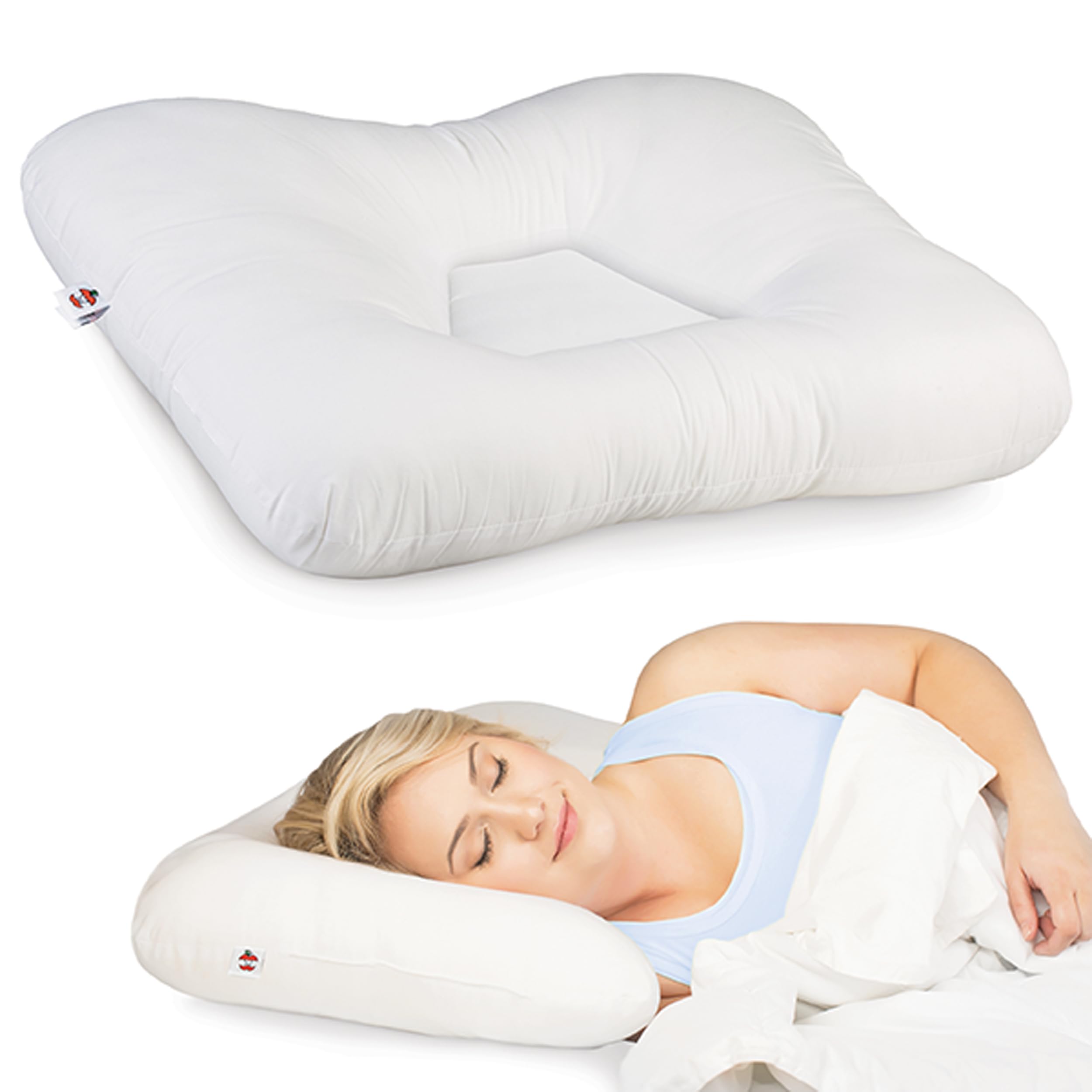 Core Products pillow front view showing ergonomic shape and immediate posture benefit
