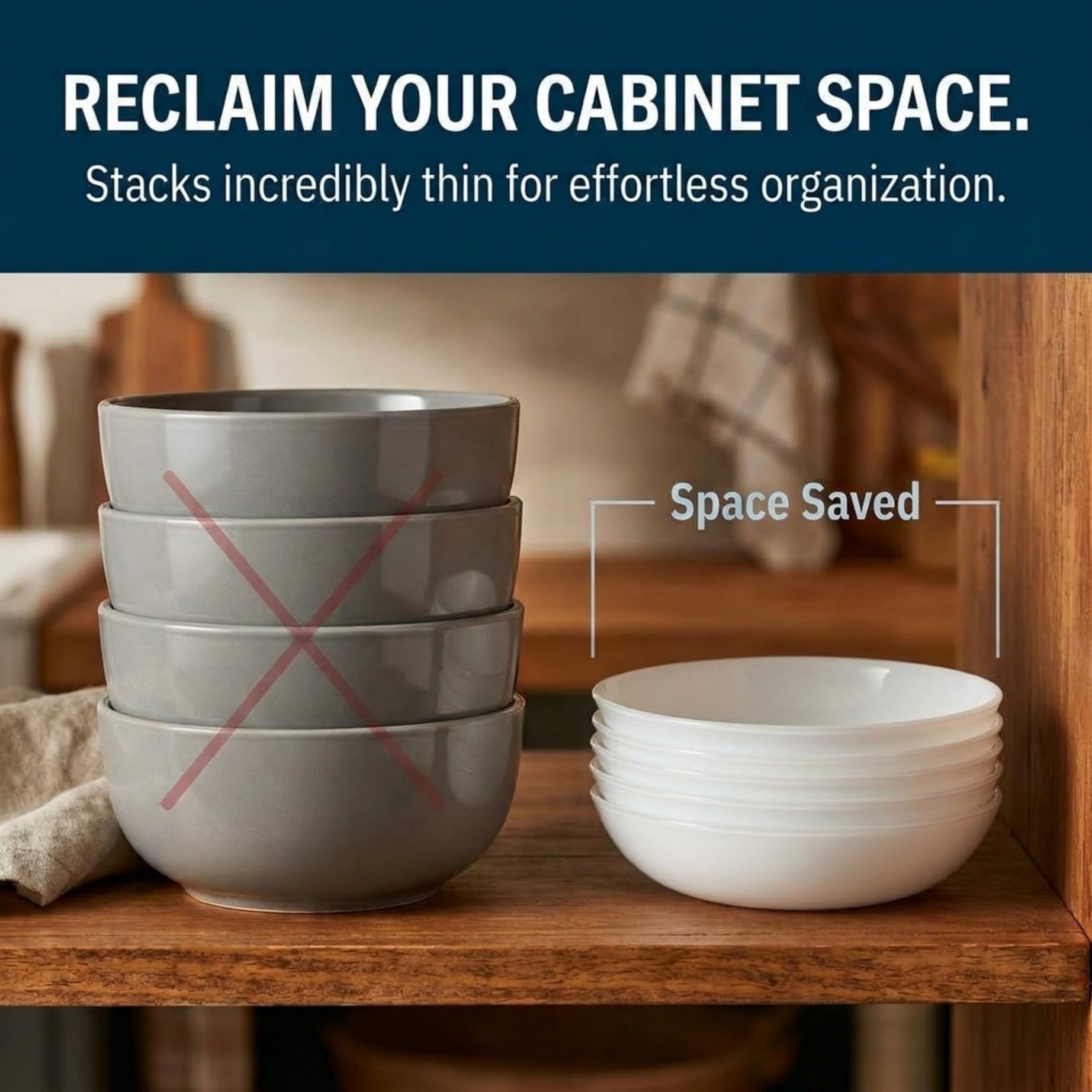 Corelle Versa stack inside cabinet showing compact storage benefit
